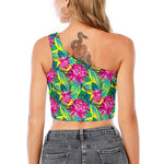 Tropical Lotus Pattern Print One Shoulder Crop Top