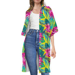 Tropical Lotus Pattern Print Open Front Beach Cover Up