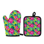 Tropical Lotus Pattern Print Oven Mitt And Pot Holder Set