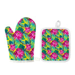 Tropical Lotus Pattern Print Oven Mitt And Pot Holder Set