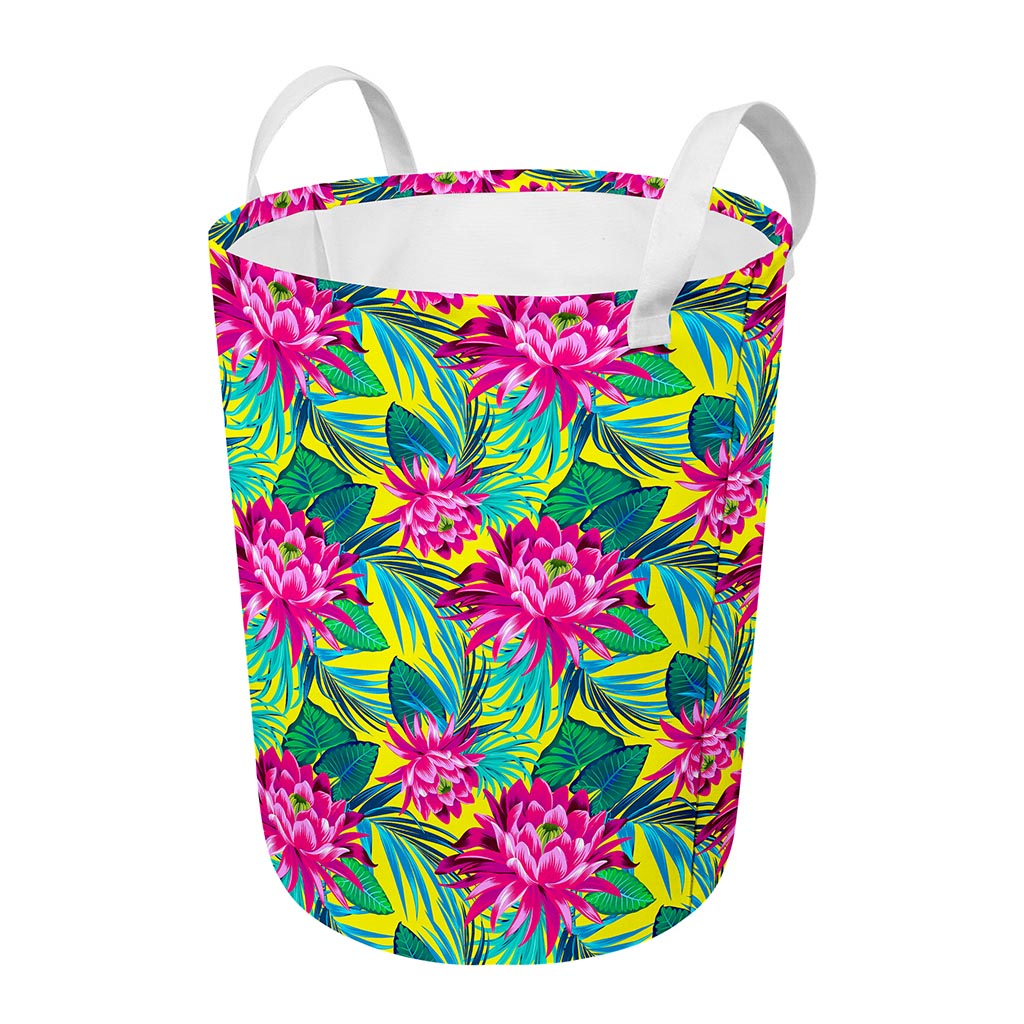 Tropical Lotus Pattern Print Round Laundry Basket