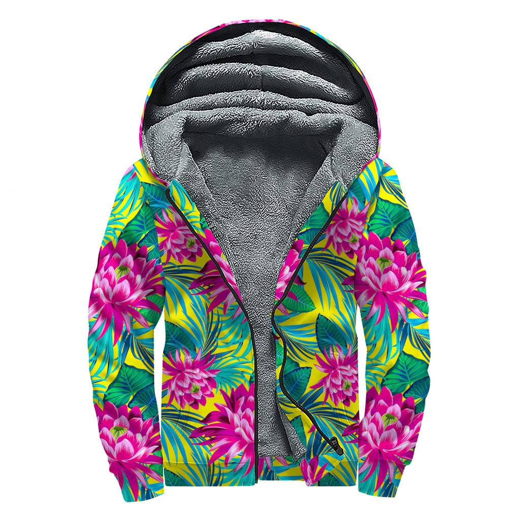 Tropical Lotus Pattern Print Sherpa Lined Zip Up Hoodie