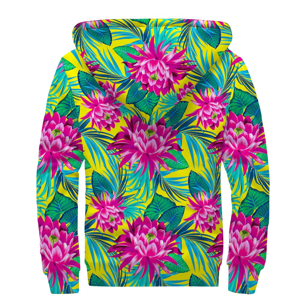Tropical Lotus Pattern Print Sherpa Lined Zip Up Hoodie