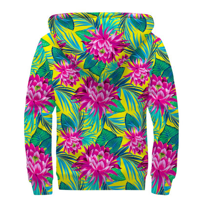 Tropical Lotus Pattern Print Sherpa Lined Zip Up Hoodie