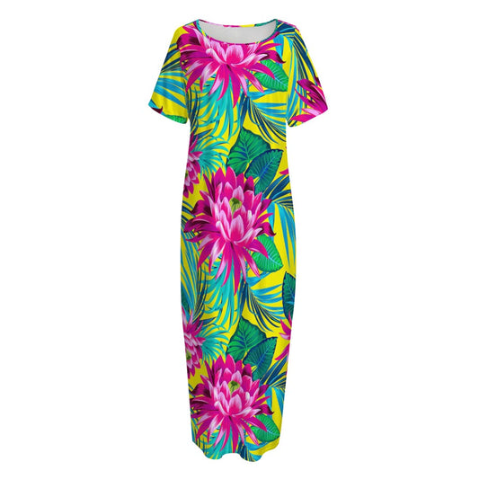 Tropical Lotus Pattern Print Short Sleeve Long Nightdress