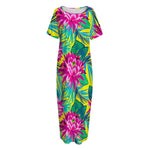 Tropical Lotus Pattern Print Short Sleeve Long Nightdress