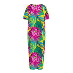 Tropical Lotus Pattern Print Short Sleeve Long Nightdress