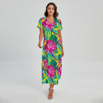 Tropical Lotus Pattern Print Short Sleeve Maxi Dress