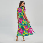 Tropical Lotus Pattern Print Short Sleeve Maxi Dress
