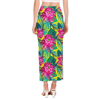 Tropical Lotus Pattern Print Side Slit Maxi Skirt