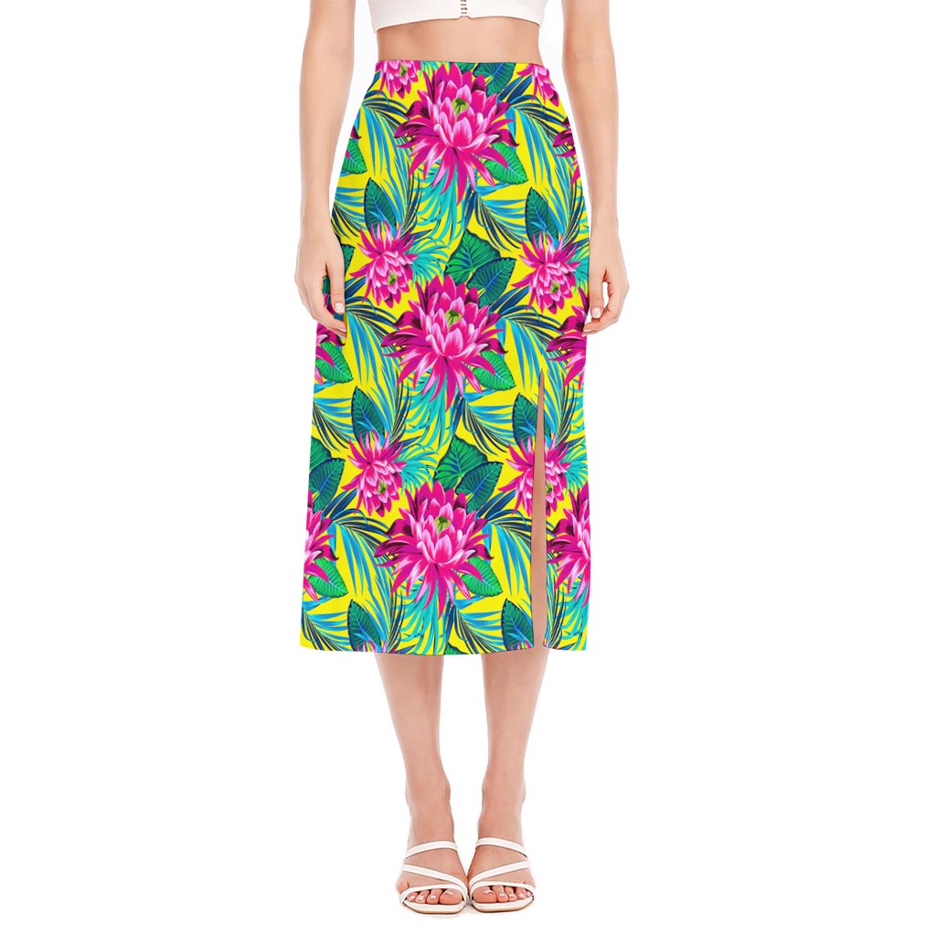 Tropical Lotus Pattern Print Side Slit Midi Skirt