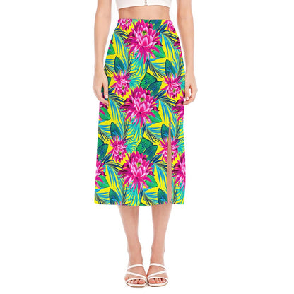 Tropical Lotus Pattern Print Side Slit Midi Skirt