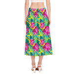 Tropical Lotus Pattern Print Side Slit Midi Skirt