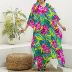 Tropical Lotus Pattern Print Silk V-Neck Kaftan Dress