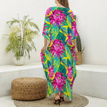 Tropical Lotus Pattern Print Silk V-Neck Kaftan Dress