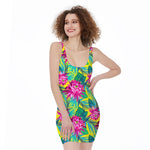 Tropical Lotus Pattern Print Sleeveless Bodycon Dress