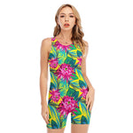 Tropical Lotus Pattern Print Sleeveless One Piece Swimsuit