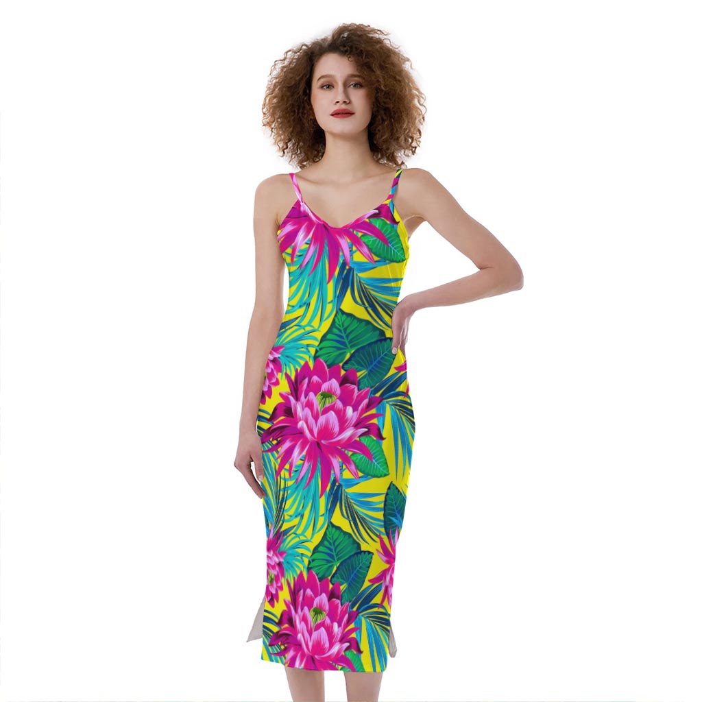 Tropical Lotus Pattern Print Slim Fit Midi Cami Dress