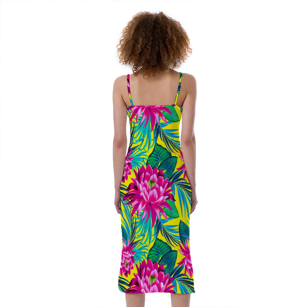 Tropical Lotus Pattern Print Slim Fit Midi Cami Dress