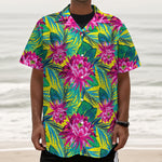 Tropical Lotus Pattern Print Textured Short Sleeve Shirt