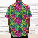 Tropical Lotus Pattern Print Textured Short Sleeve Shirt