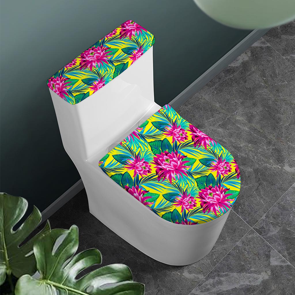 Tropical Lotus Pattern Print Toilet Lid And Tank Cover Set