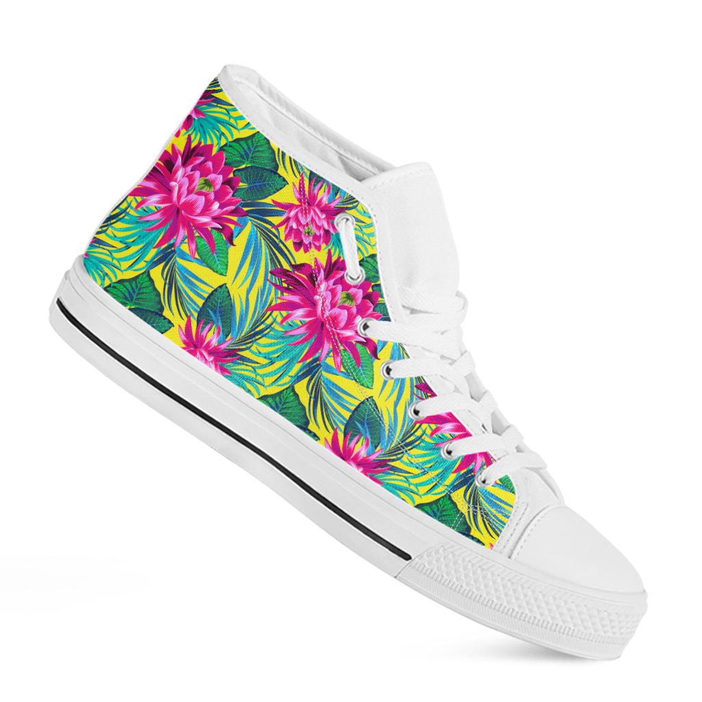 Tropical Lotus Pattern Print White High Top Sneakers