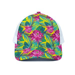 Tropical Lotus Pattern Print White Mesh Trucker Cap