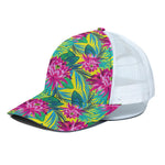 Tropical Lotus Pattern Print White Mesh Trucker Cap