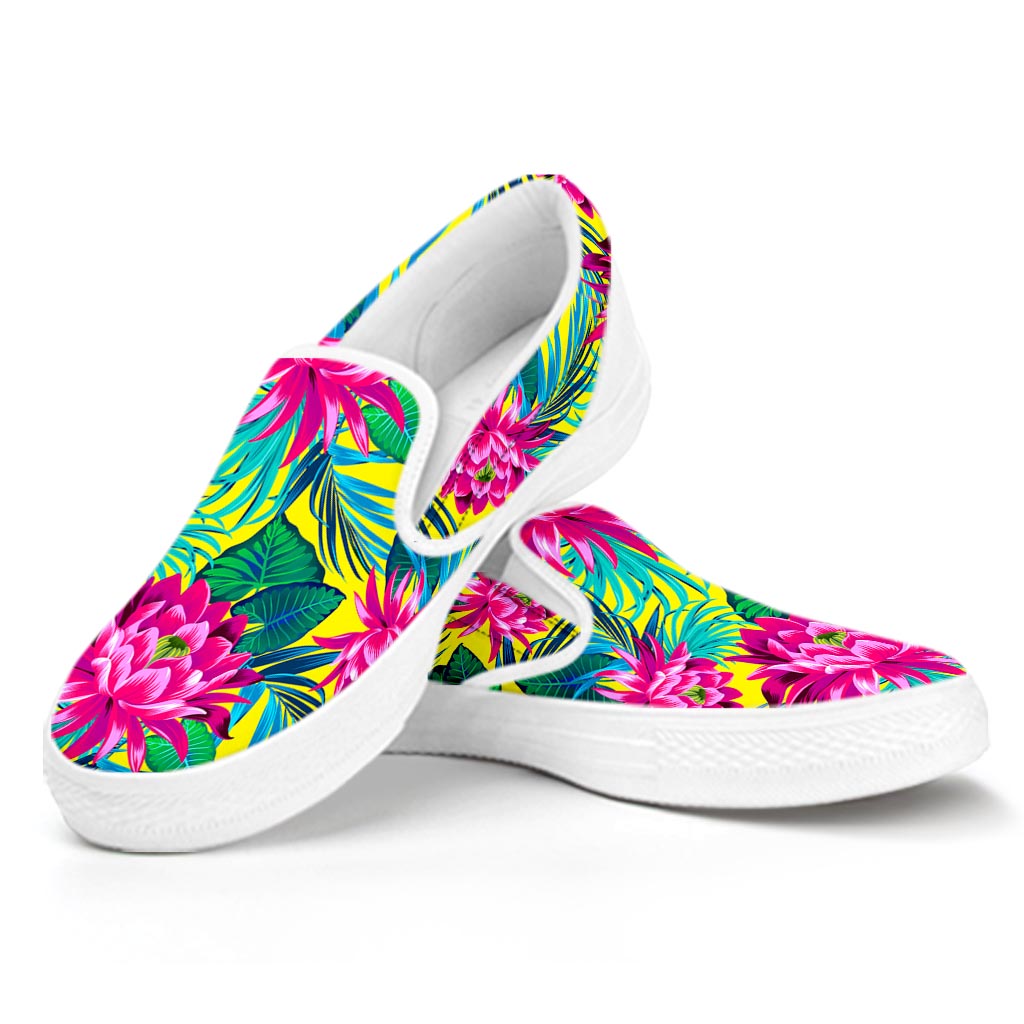 Tropical Lotus Pattern Print White Slip On Sneakers