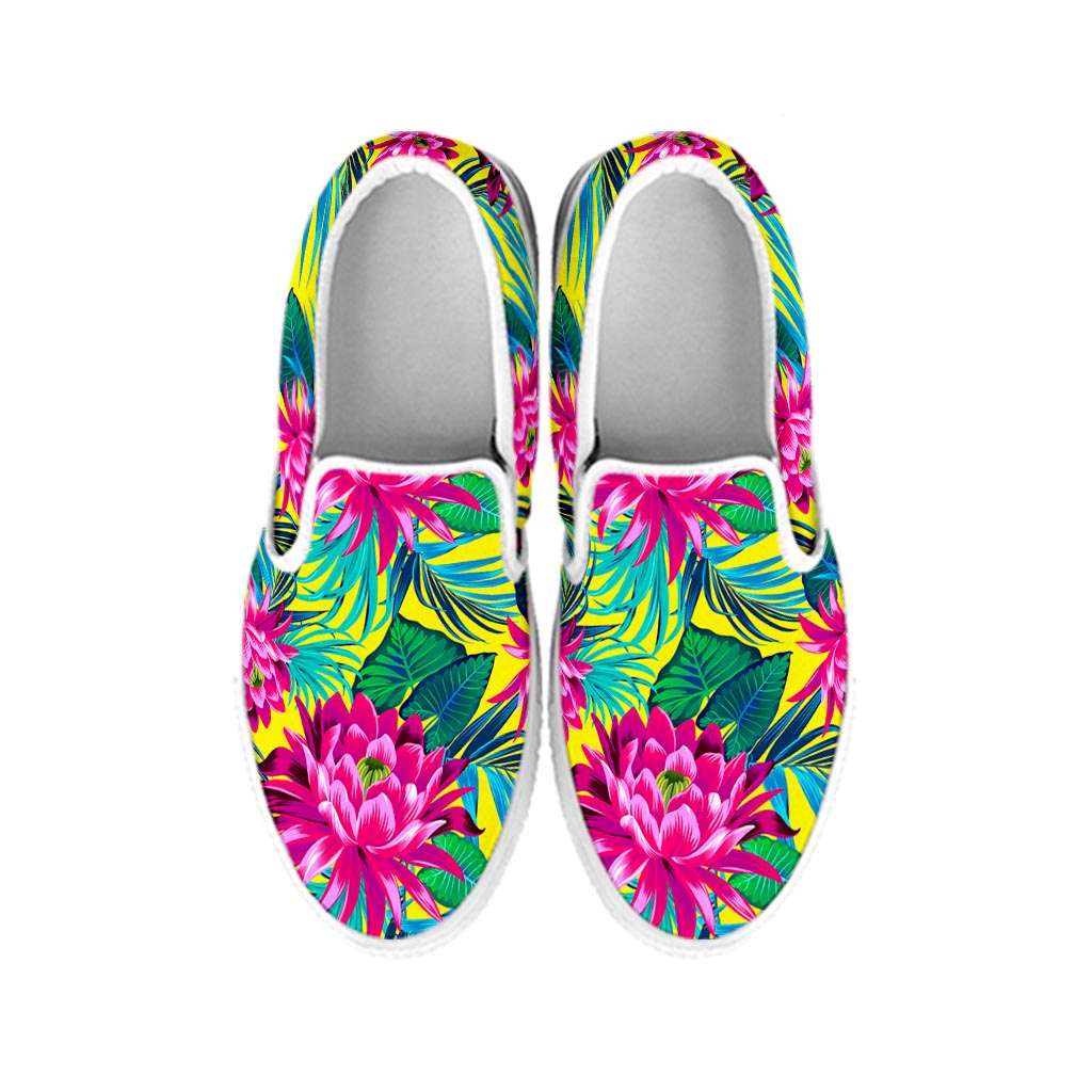 Tropical Lotus Pattern Print White Slip On Sneakers