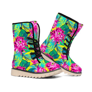 Tropical Lotus Pattern Print Winter Boots