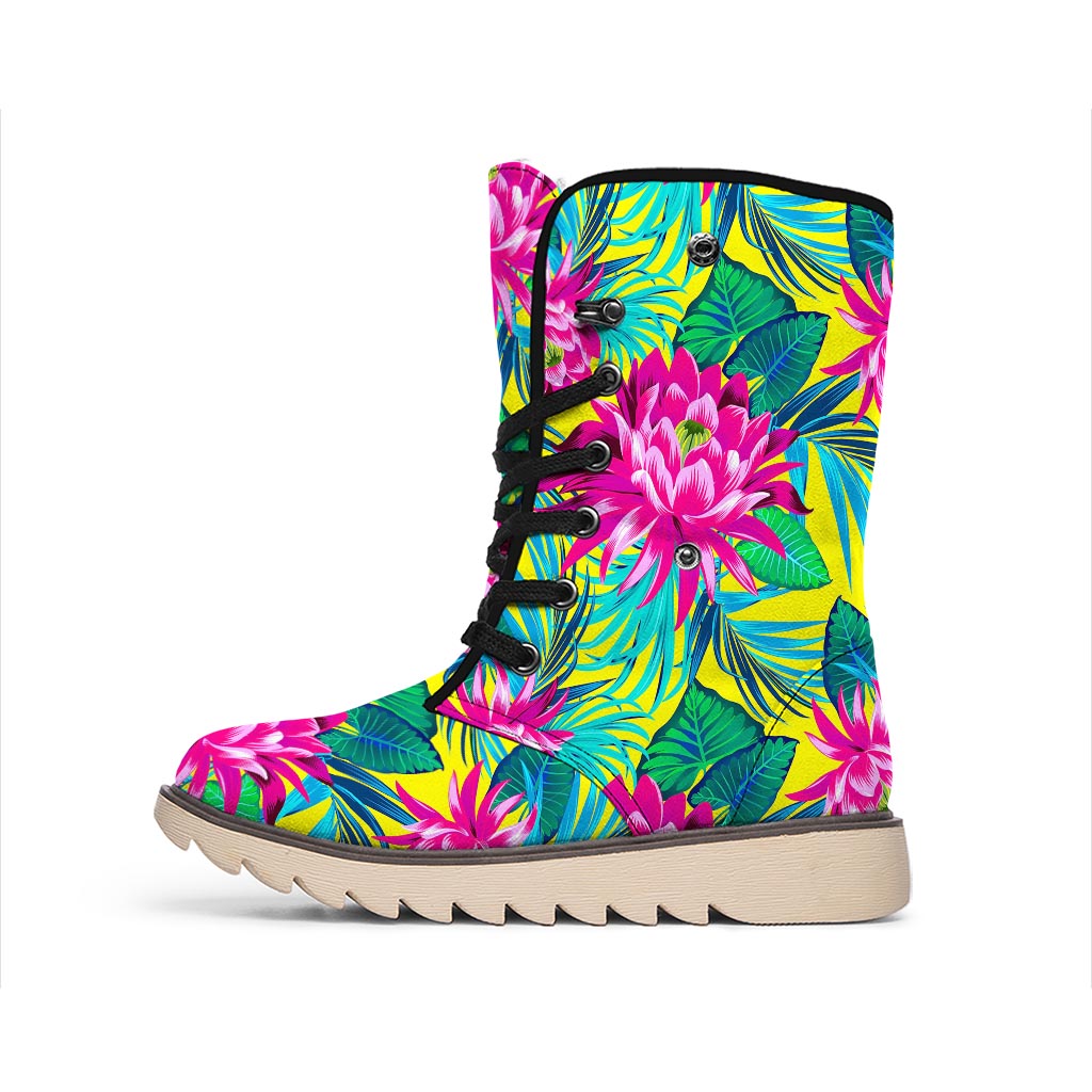 Tropical Lotus Pattern Print Winter Boots