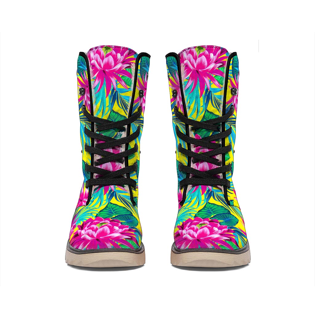 Tropical Lotus Pattern Print Winter Boots