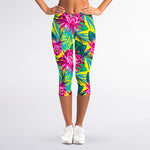 Tropical Lotus Pattern Print Women's Capri Leggings