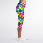 Tropical Lotus Pattern Print Women's Capri Leggings