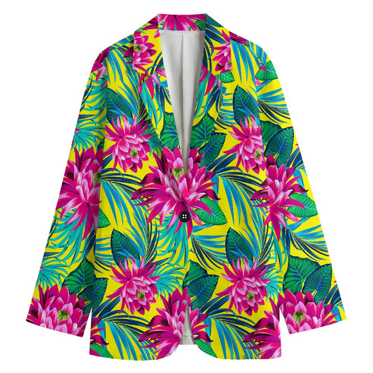 Tropical Lotus Pattern Print Women's Cotton Blazer