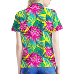 Tropical Lotus Pattern Print Women's Polo Shirt