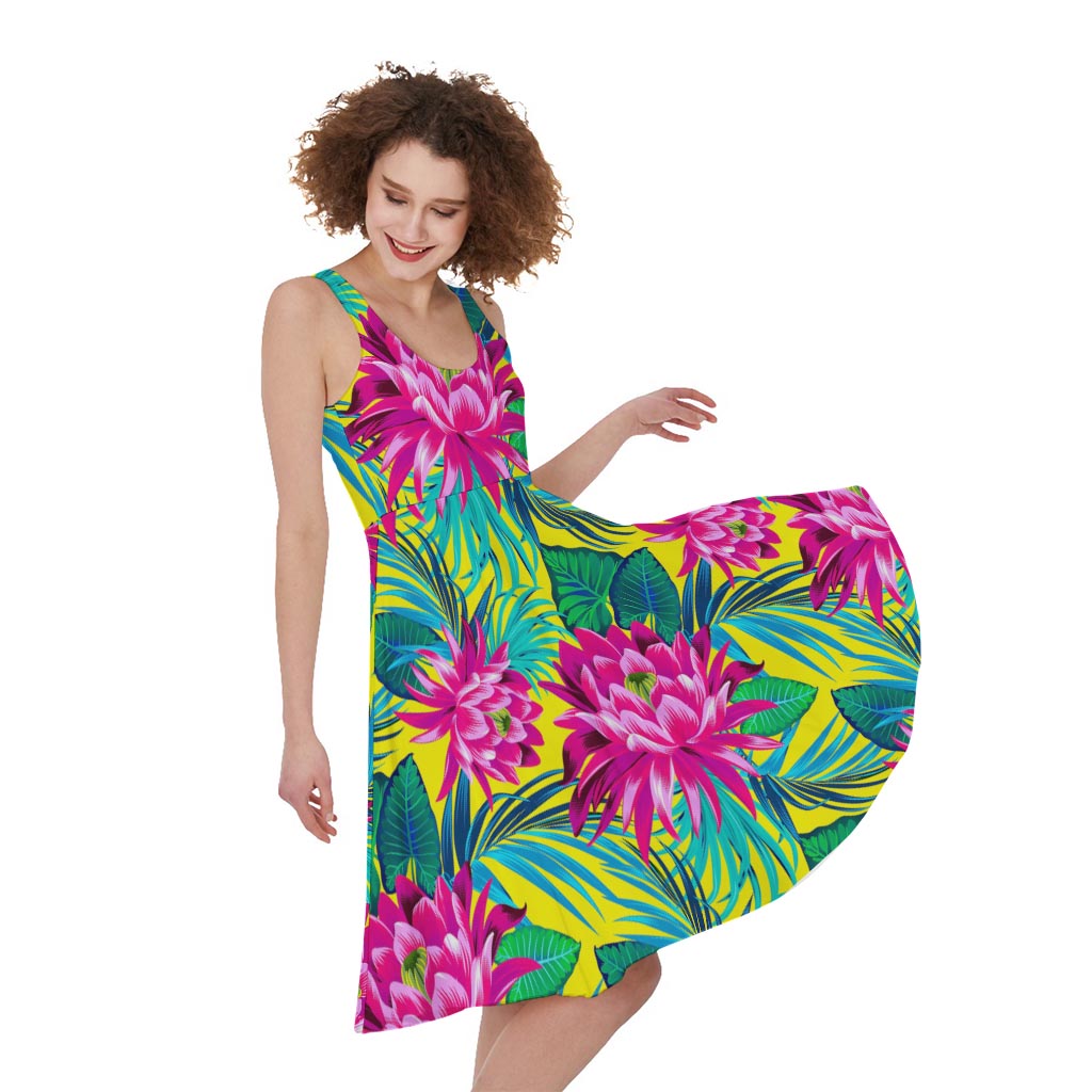 Tropical Lotus Pattern Print Women's Sleeveless Dress