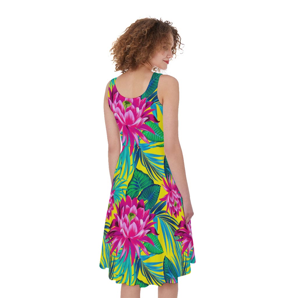 Tropical Lotus Pattern Print Women's Sleeveless Dress