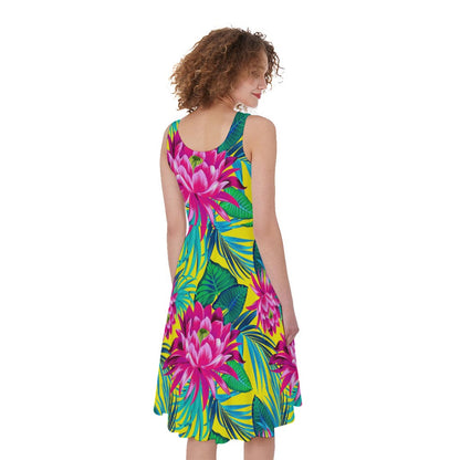 Tropical Lotus Pattern Print Women's Sleeveless Dress
