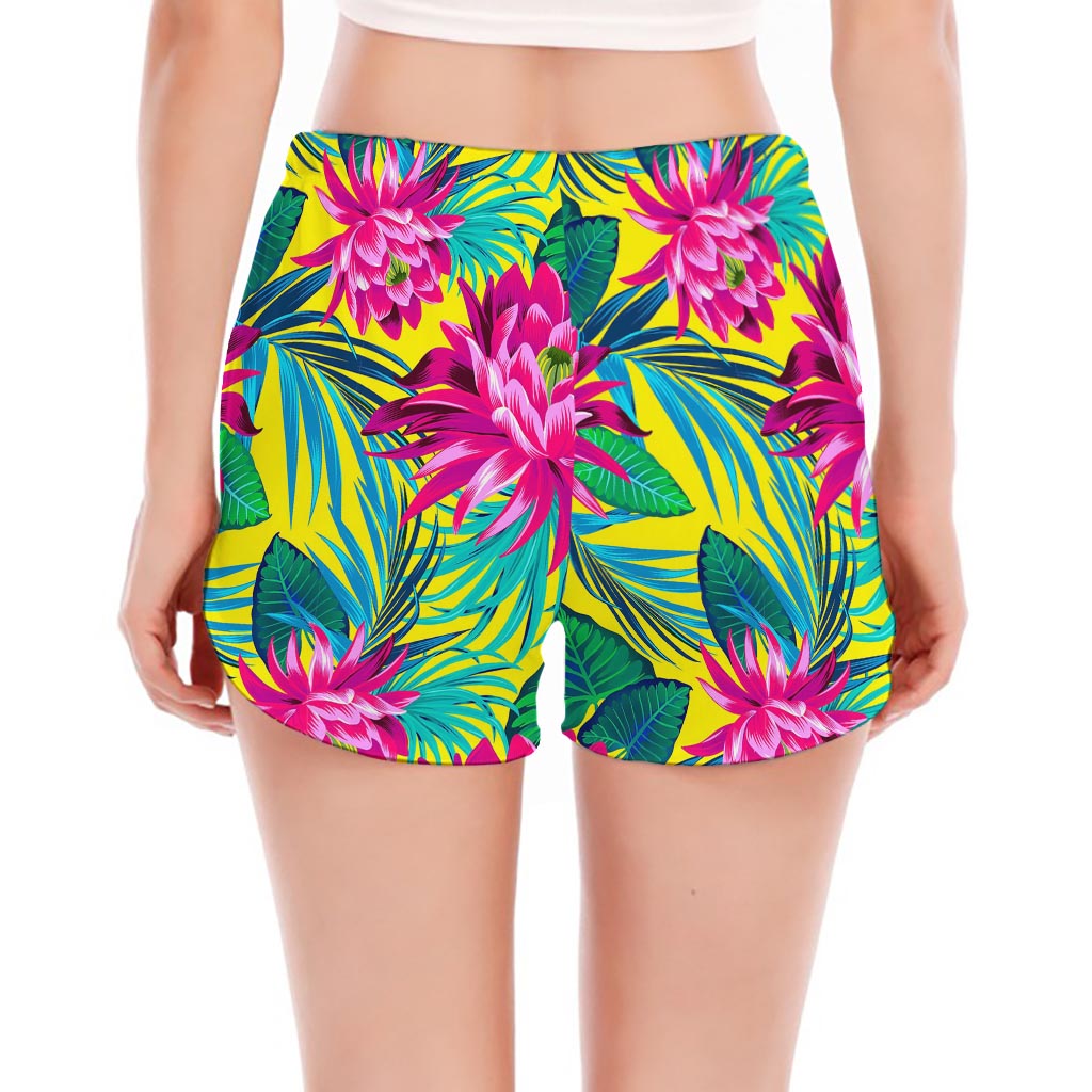 Tropical Lotus Pattern Print Women's Split Running Shorts