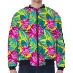 Tropical Lotus Pattern Print Zip Sleeve Bomber Jacket
