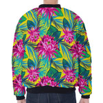 Tropical Lotus Pattern Print Zip Sleeve Bomber Jacket