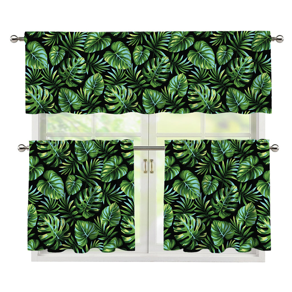 Tropical Monstera Leaves Pattern Print 3 Piece Kitchen Curtains