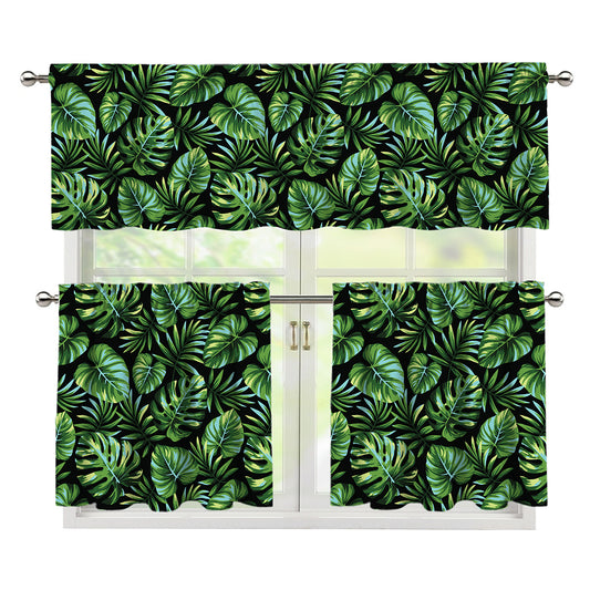 Tropical Monstera Leaves Pattern Print 3 Piece Kitchen Curtains