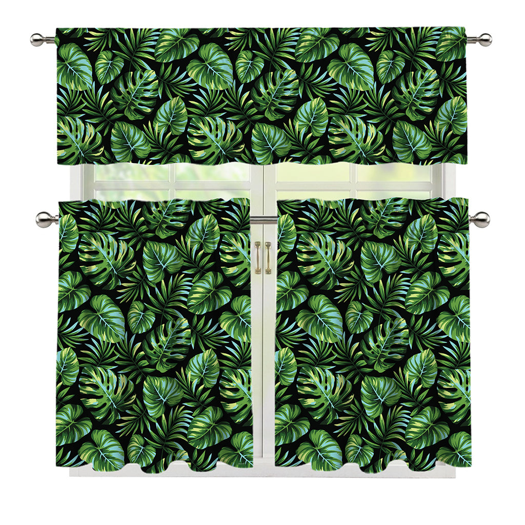 Tropical Monstera Leaves Pattern Print 3 Piece Kitchen Curtains