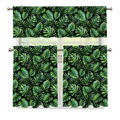Tropical Monstera Leaves Pattern Print 3 Piece Kitchen Curtains