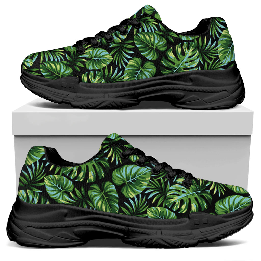 Tropical Monstera Leaves Pattern Print Black Chunky Shoes