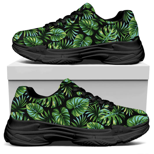 Tropical Monstera Leaves Pattern Print Black Chunky Shoes